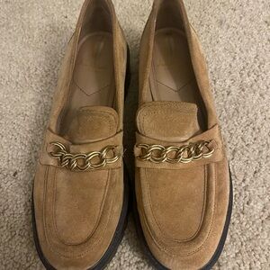 Sam Edelman Tan Suede Loafers with Gold Chain Detail